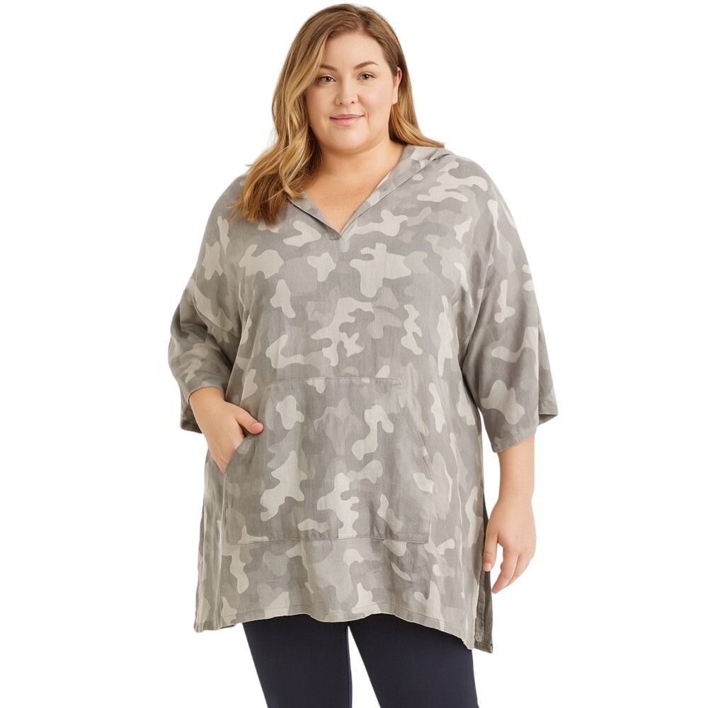 C&C California 100% Linen Gray Camo‎ Hooded Pop OverTunic Top 3X NWT